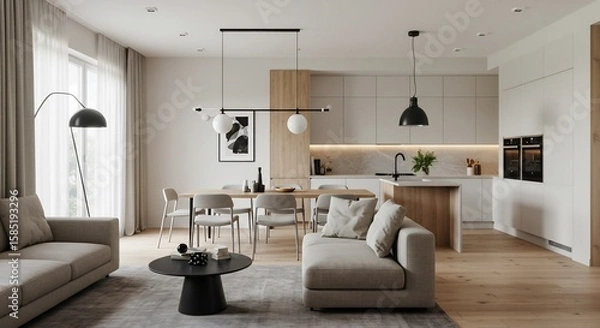 Fototapeta 穏やか光差し込む モダンなリビングダイニング 洗練された空間. AI Generated