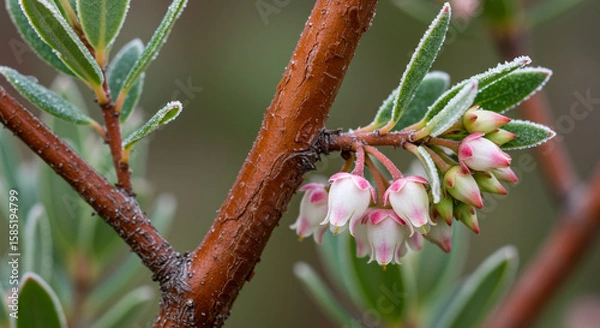 Fototapeta Detailed Macro of Arctostaphylos Manzanita Bark Peeling Smoothly, With Blossoming Urn-Shaped Flowers and Morning Dew, Soft Light Photography