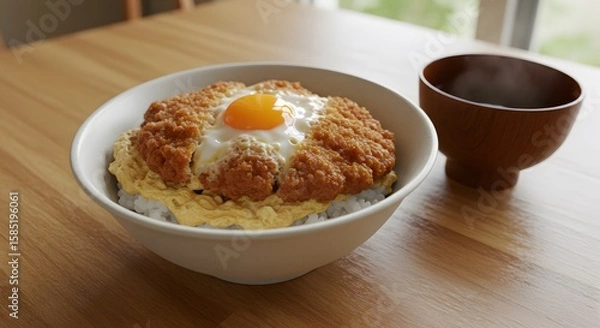 Fototapeta Delicious Katsudon Japanese Dish with Fried Egg Topped on Rice and  Crispy Pork Cutlet Served in a Bowl