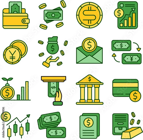 Obraz Currency illustration set. Includes of money, finance, cash, coin, dollar, and More. Vector flat color collection	