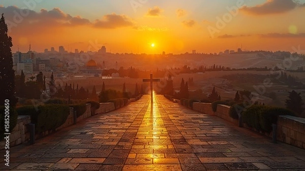 Obraz A cross stands at the end of a stone path leading to a sunset over a distant cityscape skyline view