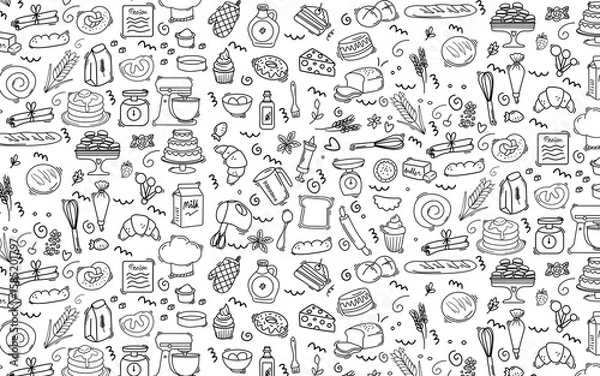 Fototapeta set of Baking and cake  tool doodle element hand drawn seamless pattern