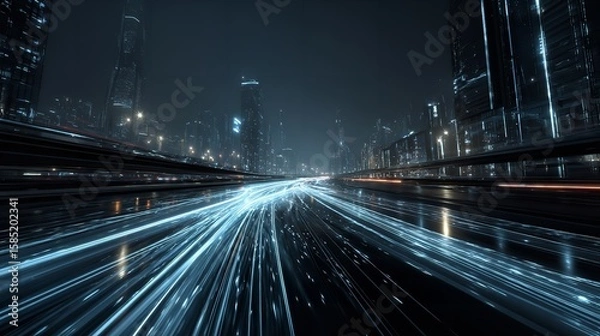 Fototapeta Futuristic cityscape at night with streaming neon lights, emphasizing speed, technology, and urban dynamism in dark hues.