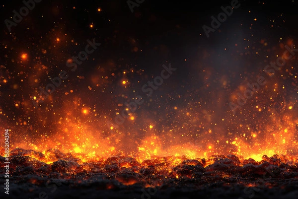 Obraz Background with fire sparks, embers and smoke. Overlay effect of burn coal, grill, hell or bonfire with flame glow, flying orange sparkles and fog on black background,