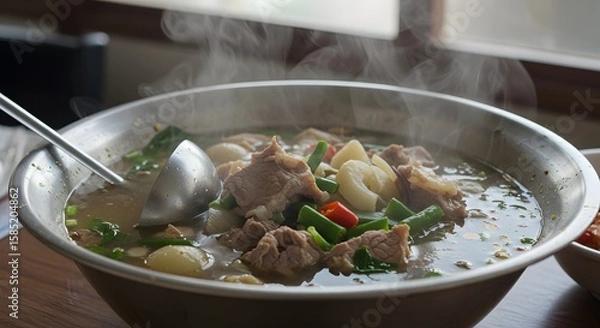 Fototapeta Steaming Hot Delicious Mutton Soup with Vegetables in a Large Bowl