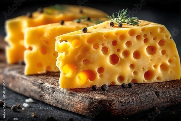 Fototapeta Cheesy Delight: Gourmet Swiss Cheese on a Rustic Board