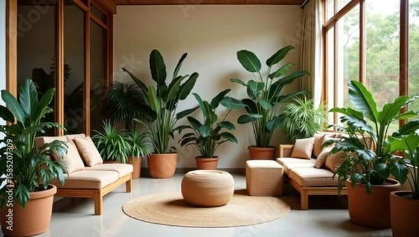 Fototapeta A tranquil indoor seating area with lush greenery.