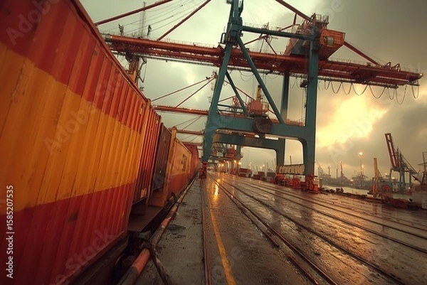 Fototapeta Industrial Port Scene with Cranes and Shipping Containers at Dusk