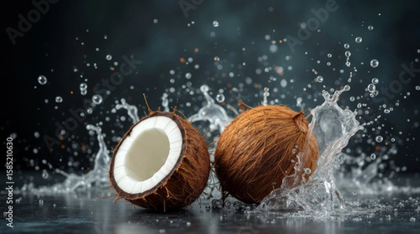 Fototapeta Half coconut and whole with splash of water on dark stone background