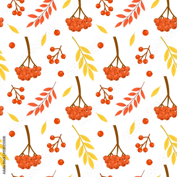Fototapeta Seamless vector pattern with rowan berries and autumn leaves. Perfect for seasonal designs, wrapping paper, wallpapers, and fall-themed projects.