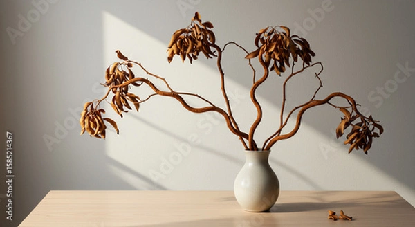 Fototapeta Contorted Reddish-Brown Dried Manzanita Wood Artfully Arranged in Modern Vase, Styled on a Minimal Light Wood Table with Soft Lighting