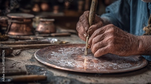 Fototapeta Close-up of an elderly coppersmith's weathered hands carefully engraving an intricate floral motif onto a polished copper plate using a diamond-tipped stylus