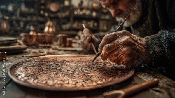 Fototapeta Close-up of an elderly coppersmith's weathered hands carefully engraving an intricate floral motif onto a polished copper plate using a diamond-tipped stylus. 