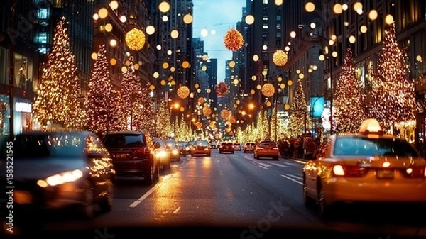 Fototapeta Christmas ornaments and lights decorating a fir tree on a city street at twilight, creating a festive atmosphere