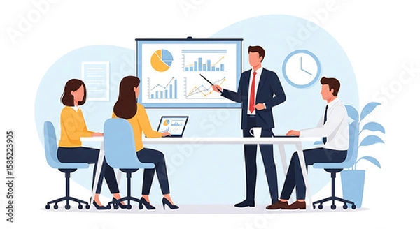 Obraz A man presents data analysis on a screen with charts to his colleagues. A clean, flat vector illustration of a business meeting in a modern office