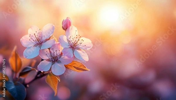 Obraz Vibrant pink blossoms bloom on a slender branch, capturing the essence of springtime with soft pastel hues and intricate floral details