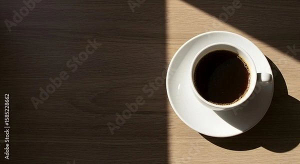 Fototapeta Close Up of a Cup of Black Coffee on a Wooden Table with Soft Shadows and Bright Light