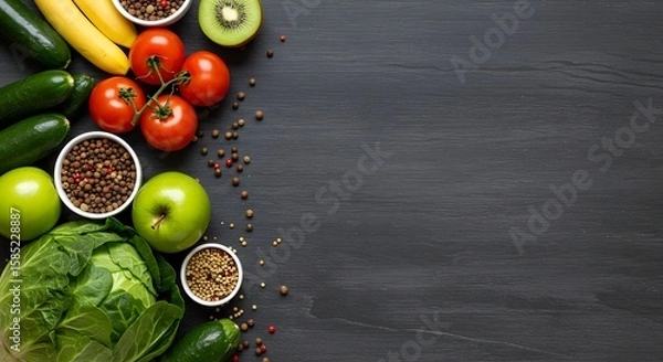 Fototapeta Colorful Assortment of Fresh Fruits and Vegetables Arranged on Dark Wooden Surface for Healthy Diet