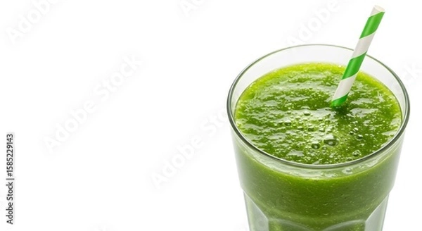 Fototapeta Healthy Green Smoothie in a Glass with Straw against a Bright White Background for Nutrition