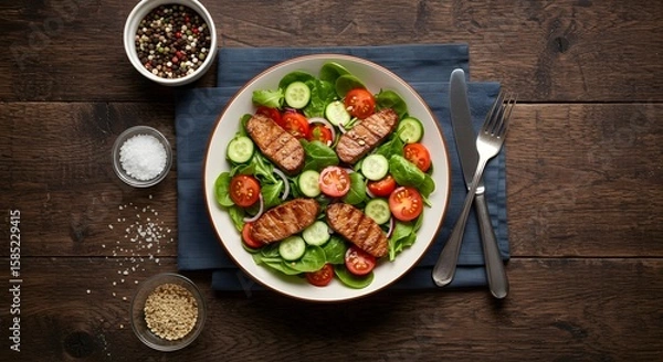 Fototapeta Vibrant Fresh Salad With Grilled Chicken, Cucumbers, And Cherry Tomatoes On Wooden Table