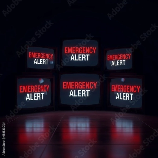Fototapeta Six vintage television screens displaying "Emergency Alert" in a dark, ominous setting.
