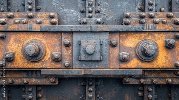 Fototapeta Bridge expansion joints overhead perspective of historic steel construction showing rust patina bolt patterns and structural engineering details