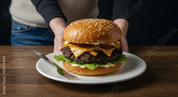 Fototapeta Freshly Assembled Cheeseburger with Lettuce and Tomato Served on a White Plate with Hands