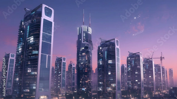 Fototapeta A stunning futuristic cityscape featuring sleek high-rise buildings with illuminated windows under a purple dusk sky, blending modern architecture with sci-fi elements and advanced urban development. 