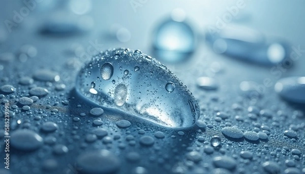 Fototapeta Water droplets on a smooth surface, macro photography with cool tones