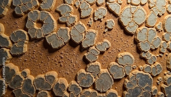 Fototapeta Textured organic pattern of round shapes on earthy background, abstract design