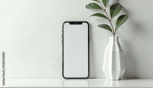 Fototapeta Minimalistic smartphone with blank screen next to a vase and plant, modern interior
