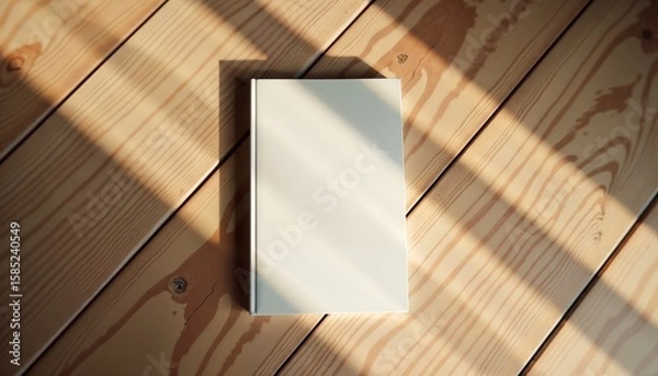 Fototapeta Blank notebook lying on wooden floor with light shadows, minimalist style