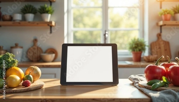 Fototapeta Tablet with blank screen on a kitchen table surrounded by fresh fruits and vegetables