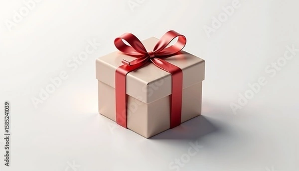 Fototapeta Gift box with red ribbon on a white background, festive and elegant design