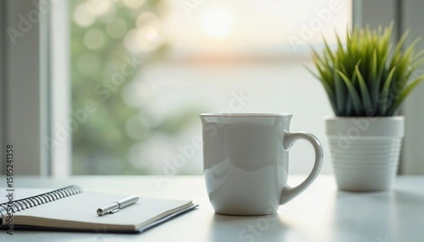 Fototapeta White coffee mug beside a notebook and pen with a plant in a sunlit setting
