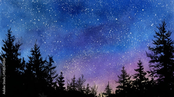 Fototapeta A dreamy night sky painted in watercolor reveals shimmering stars above silhouetted trees, offering a poetic and artistic glimpse of nature