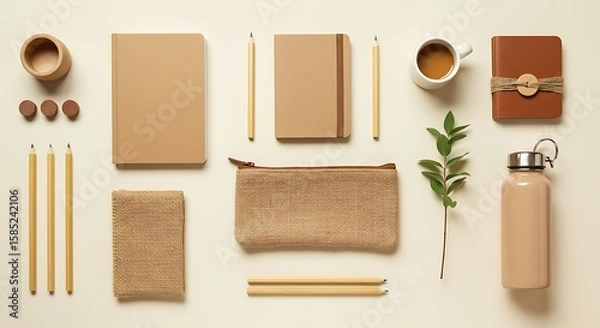 Fototapeta Flat lay of stationery items, including notebooks, pencils, a cup of coffee, a water bottle, and a small plant on a neutral background.