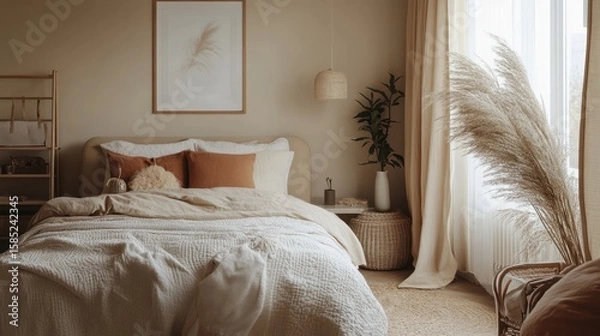Obraz Beige bedroom with pampas grass and neutral color scheme
