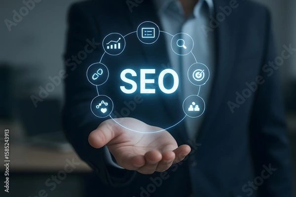 Fototapeta Businessman presenting SEO concept with icons on his hand in a digital display