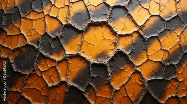 Fototapeta Old cracked texture with tiger pattern of black orange stripes, stylish wild pattern