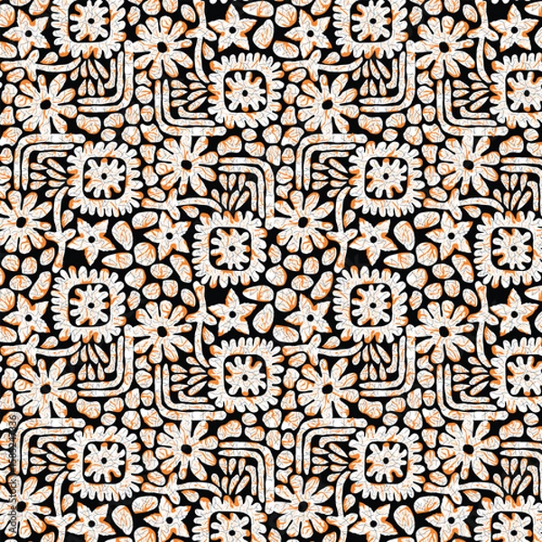 Obraz Flower and geometric pattern, background, texture, fabric print,