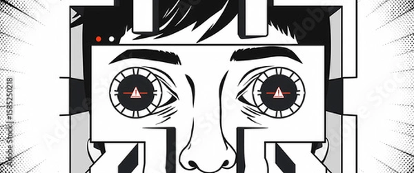 Fototapeta Vector halftone of a user trapped inside a pop-up window maze, eyes spinning with loading wheels and red alert signs.
