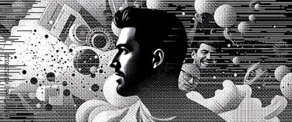 Fototapeta Vector halftone of a profile picture warping into static as targeted ads and comment storms collide in the background.
