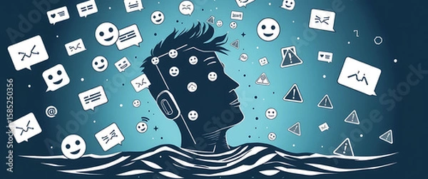 Fototapeta Vector halftone of a smartphone-headed person drowning in swirling message bubbles, emoji storms, and alert triangles.
