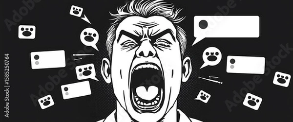 Fototapeta Vector halftone of a distorted avatar screaming into a silence filled with flashing retweet signs and angry comment bubbles.
