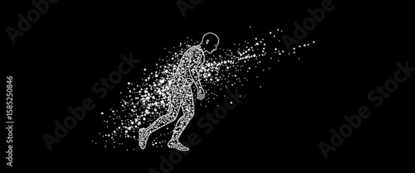 Fototapeta Vector halftone of a humanoid outline frozen mid-scroll, body disintegrating into bits as shock headlines burst from the phone.
