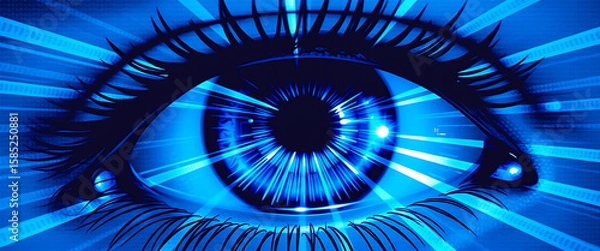 Fototapeta Vector halftone of an eye overloaded with blue light, scrolling timelines reflected in the lens like endless conveyor belts.
