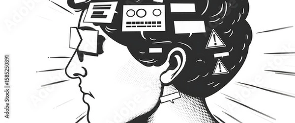 Fototapeta Vector halftone of a human head rotating rapidly, each face marked with popups, memes, opinion graphs, and warning labels.
