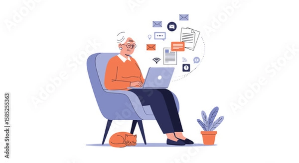 Fototapeta Senior person working on a laptop surrounded by digital icons representing communication and planning
