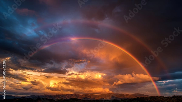 Fototapeta A golden sunset illuminates stormy clouds and a brilliant rainbow arcs overhead, creating a dramatic contrast in the sky